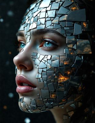 The primary subject of the image is a woman with a unique and artistic appearance. She is wearing a face mask made of mirrors, giving her a distinctive and intriguing look. The setting is a dark room, which adds to the overall mood of the image. The visual style is a combination of digital art and illustration, creating a striking and memorable image. The colors in the image are predominantly black and white, with the mirrors adding a touch of reflective light.